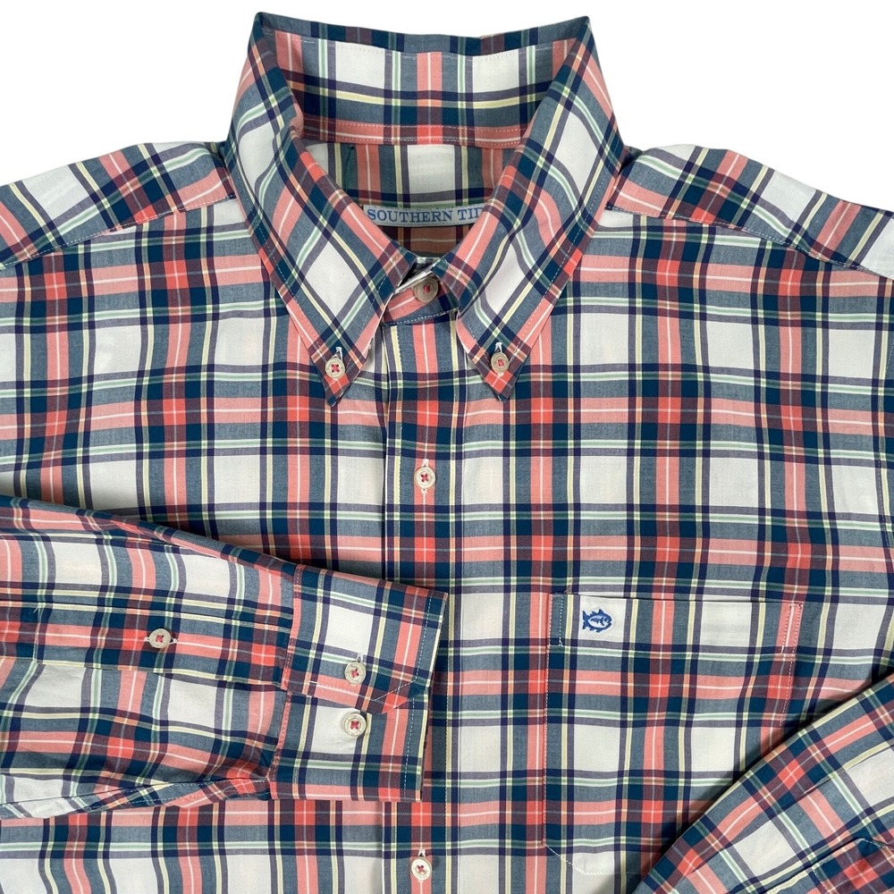 Southern Tide Shirt Mens L Coral Navy Plaid Button Down Long Sleeve Skipjack